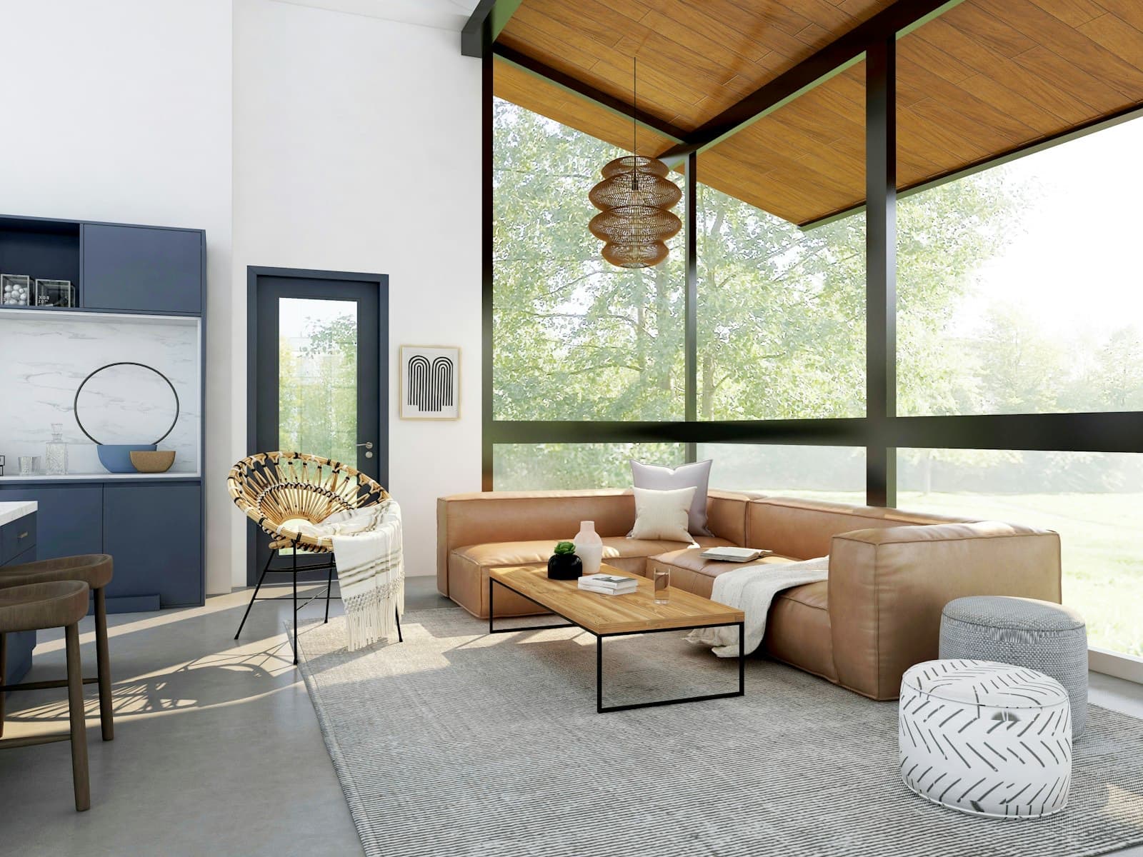 Living room with modular seating and wall storage unit